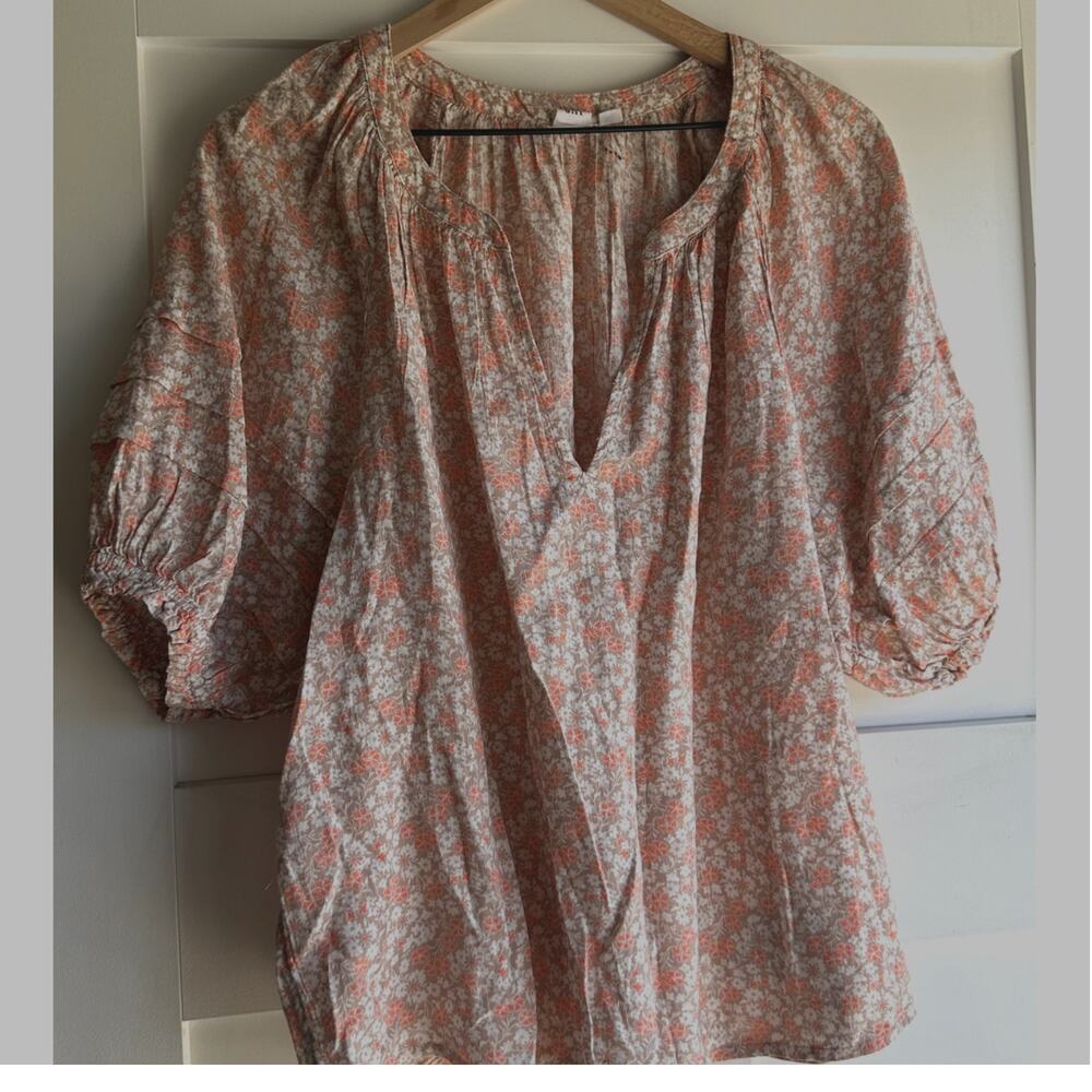 GAP Women's Floral Peasant Blouse Puff Sleeve Boho Top Coral Print Size Large
